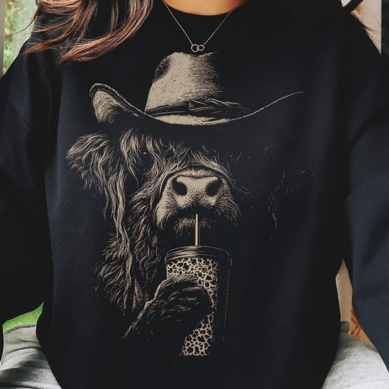 Highland Cow Coffee PNG, Western Cowgirl Png, Funny Trendy Shirt Design, Farm Animal With Leopard Coffee Cup, Country Coquette Girl Clipart