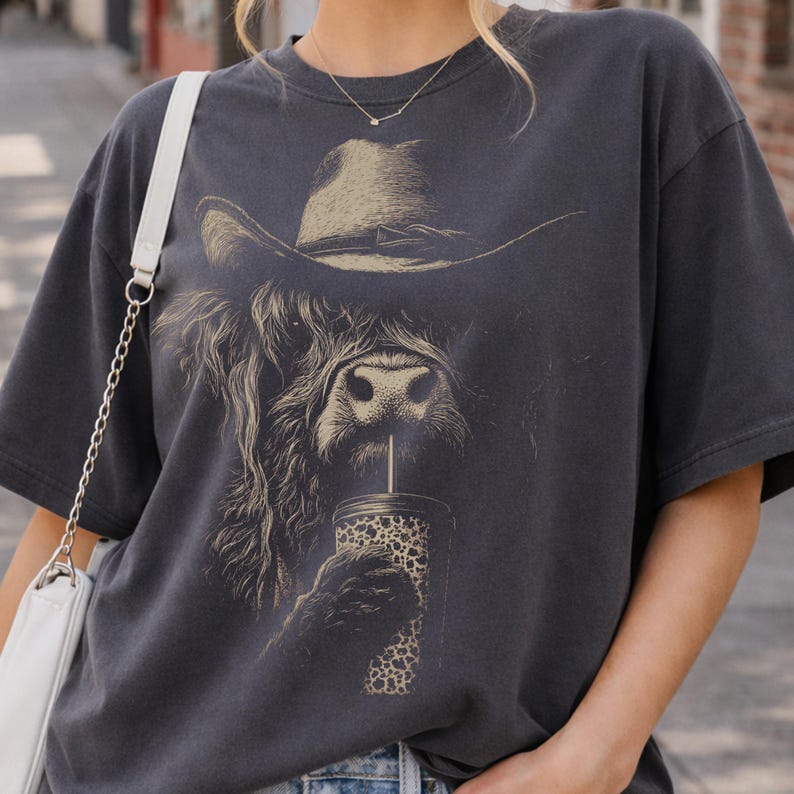 Highland Cow Coffee PNG, Western Cowgirl Png, Funny Trendy Shirt Design, Farm Animal With Leopard Coffee Cup, Country Coquette Girl Clipart
