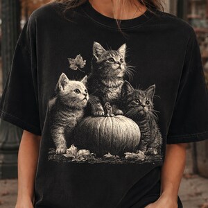May include: A black short-sleeve t-shirt featuring a graphic print of three kittens sitting on and around a pumpkin. The kittens are depicted in a detailed, monochromatic style, with one kitten perched on top of the pumpkin and two others beside it.
