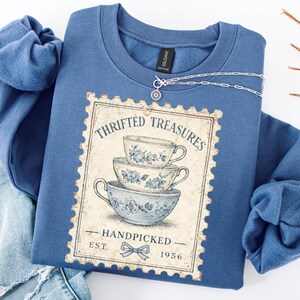 PNG design, Vintage Thrifted Treasures Clipart, Floral Handpicked Antique Porcelain Cups PNG for Blue Shirt