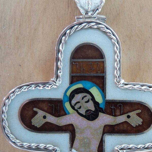 Crucifix Jesus Christ,Orthodox cross,cloisonne enamel,handmade,  silver.Author's work