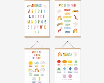 Set of 4 Educational Prints - Alphabet - Days of the Week - Weather - Shapes - Nursery and Playroom Prints
