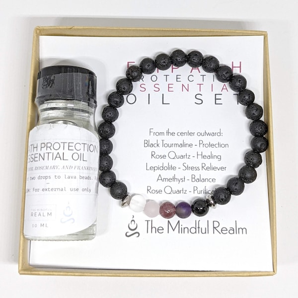 Empath Protection Essential Oil Blend with Crystal and Lava Bead Essential Oil Diffuser Stretch Bracelet for Empaths, HSP