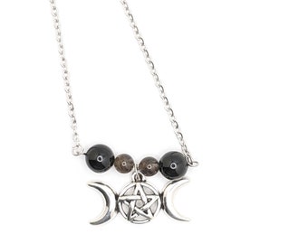 Triple Moon Goddess Protection Necklace - Black Tourmaline and Labradorite