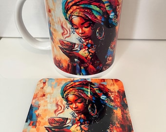 May include: A white ceramic coffee mug and matching coaster with a portrait of a woman in a colourful head wrap, holding a teacup. The artwork uses warm tones of red, orange, and blue.