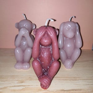 Può includere: Tre candele a forma di scimmia, ciascuna rappresentante una parte diversa del proverbio "Non vedere il male, non ascoltare il male, non parlare il male". La candela al centro è rossa e ha le mani sugli occhi. Le candele ai lati sono di colore viola chiaro e hanno le mani sulle orecchie e sulla bocca.