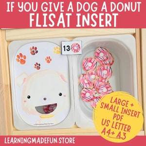 Könnte beinhalten: Eine druckbare Lernaktivität für Kinder mit einem Cartoon-Hund, der ein Donut-Loch im Maul hat. Das Bild enthält eine Zahlenkarte mit der Zahl 13 und einen Stapel rosa Donuts mit weißem Zuckerguss und schwarzen Streuseln. Der Text "IF YOU GIVE A DOG A DONUT FLISAT INSERT" befindet sich oben im Bild. Der Text "LARGE + SMALL INSERT PDF US LETTER A4+ A3" befindet sich unten im Bild. Der Text "LEARNINGMADEFUN.STORE" befindet sich unten im Bild.