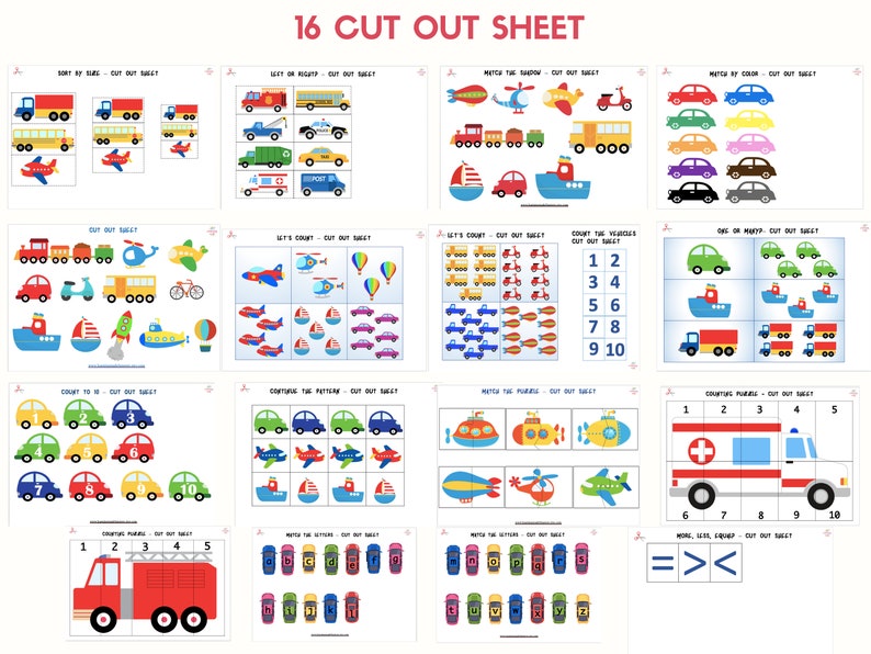 May include: A printable worksheet with 16 cut-out sheets for kids to practice counting, matching, and sorting. The sheets feature colorful illustrations of vehicles, including cars, trucks, airplanes, helicopters, boats, and submarines. The worksheets are designed to help children develop their fine motor skills, problem-solving abilities, and number recognition.