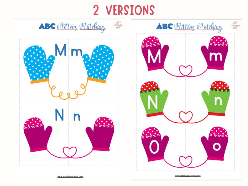 Puede incluir: Dos versiones de un juego de asociaci&oacute;n de alfabeto imprimible para ni&ntilde;os. El juego presenta mitones coloridos con letras en ellos. Las letras son M, N y O. El juego est&aacute; dise&ntilde;ado para ayudar a los ni&ntilde;os a aprender el alfabeto.