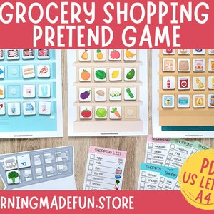 買い物リストの食料品ゲーム、スーパーマーケットごっこ遊び、ホームスクールのアクティビティ、印刷可能な忙しい本、幼稚園センター、幼児向けファイルフォルダーゲーム
