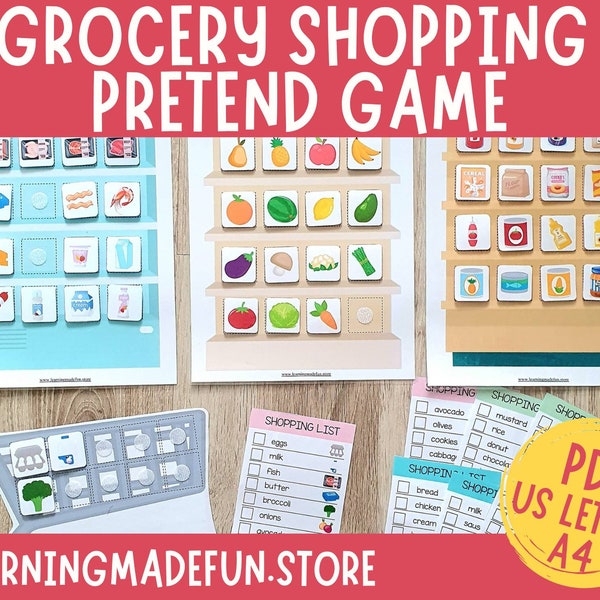 Einkaufsliste Lebensmittel Spiel, Supermarkt Pretend Play, Homeschool Aktivität, Beschäftigtes Buch zum Ausdrucken, Vorschulzentrum, Dateiordner Spiel Kleinkind