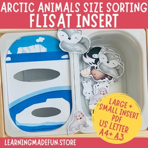 Puede incluir: Actividad de clasificación de tamaño de animales árticos para un inserto FLISAT. El inserto es azul y blanco con dos recortes ovalados. Los animales están impresos en papel blanco e incluyen un oso polar, un zorro, una morsa, un pingüino y más. El texto en el círculo amarillo dice "Insertar grande + pequeño PDF Carta de EE. UU. A4+ A3".