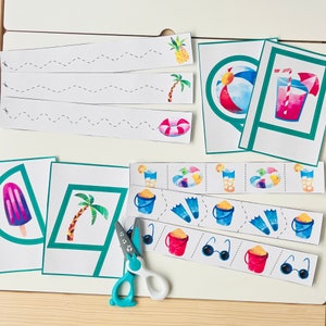 May include: A set of printable summer-themed educational activities for kids. The set includes a variety of activities, such as tracing lines, matching pictures, and cutting out shapes. The activities are designed to help children learn about summer and the beach.