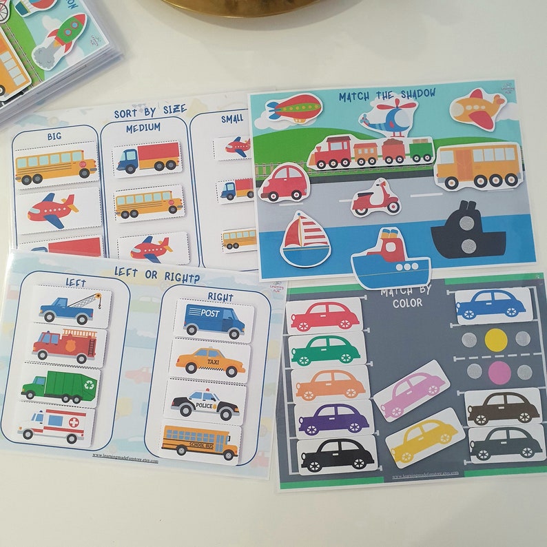 May include: A set of four printable educational activity sheets for kids featuring colorful illustrations of vehicles. The sheets include activities such as sorting by size, matching by color, matching the shadow, and left or right.