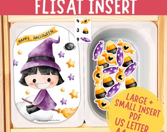 Könnte beinhalten: Eine druckbare Halloween-Zähl-Aktivität für einen FLISAT-Einsatz. Die Aktivität zeigt eine Hexe, die auf einem Besen fliegt, mit einem Banner, auf dem "Happy Halloween" steht. Die Hexe ist von Sternen umgeben. Die Aktivität beinhaltet auch eine Schüssel mit Maisbonbons und lila Bonbons. Der Druck ist in den Größen US Letter, A4 und A3 erhältlich.