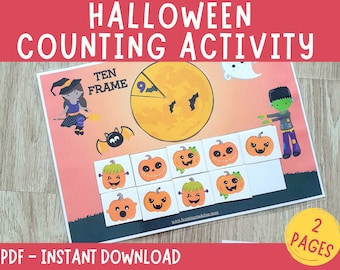 Könnte beinhalten: Halloween-Zähl-Aktivität zum Ausdrucken mit einer Hexe, einer Fledermaus, einem Geist, einem Frankenstein und einem Mond mit einem Zehnerrahmen. Die Aktivität beinhaltet einen Satz Kürbis-Karten mit verschiedenen Gesichtsausdrücken.