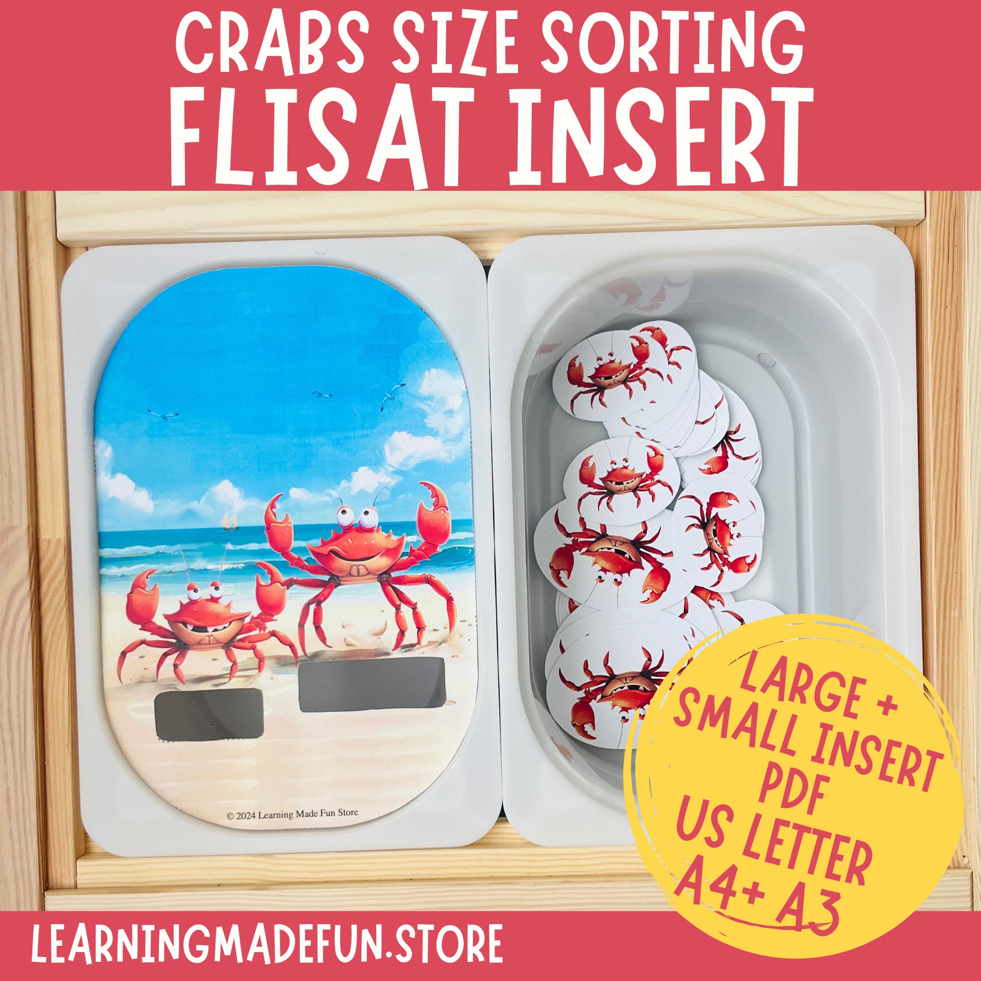 Crabs Sort size, Printable Flisat Insert, Trofast Insert, Preschool Pretend Play, Toddler Dramatic Play, Ocean Sensory Table, Size Sorting