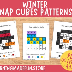Tapetes Winter Snap Cubes, Tarjetas de tareas de cubos conectados, Preescolar, Juego de jardín de infantes, Centros de matemáticas, Habilidades motoras finas, Contar imprimible