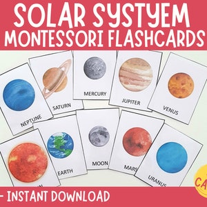 Sonnensystem Montessori Karten, Weltraum Lernkarten, dreiteilige Karten, Nomenklaturkarten, Lernmaterial, druckbare Lernkarten