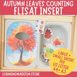 May include: Autumn leaves counting activity for a FLISAT insert. The activity includes a tree with a hole for inserting leaves, a card with numbers 3, 5, and 9, and a set of colorful leaves to count and sort.