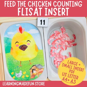 Peut inclure: Une activité de comptage imprimable pour les enfants d'âge préscolaire mettant en scène un poussin jaune avec la bouche ouverte et le nombre 11. Le poussin est entouré d'un champ herbeux vert avec un petit poulailler rouge et blanc. L'activité comprend une feuille imprimable séparée de vers roses à compter et à placer dans la bouche du poussin.