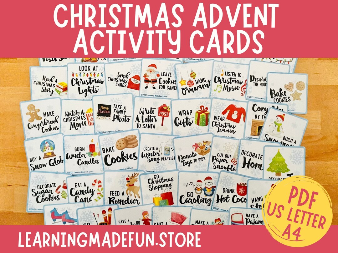 Christmas Advent Activity Cards, Christmas Bucket List, Play Ideas for Kids, Learning Activity