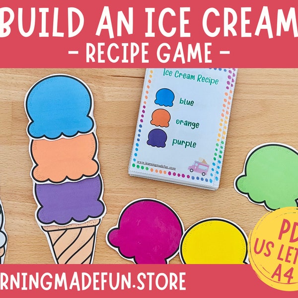 Build an Ice Cream Recipe Game Pretend Play, Dramatic Play, Preschool Summer Centers, Role Play Set Kids, Learning Activity Toddlers, Colors