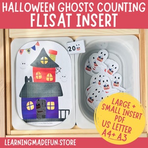 Könnte beinhalten: Eine Halloween-Zähl-Aktivität für Kinder mit einem lila und roten Haus mit einem Geister-Ausschnitt und einem weißen Behälter gefüllt mit 20 Geister-förmigen Ausschnitten. Der Text "LARGE + SMALL INSERT PDF US LETTER A4+ A3" ist im Bild sichtbar.