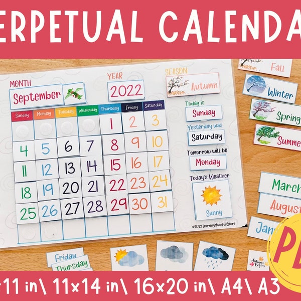 Perpetual Calendar Printable Classroom Calendar Circle Time Morning Board Months Days Year Seasons Weather Preschool Kindergarten Homeschool