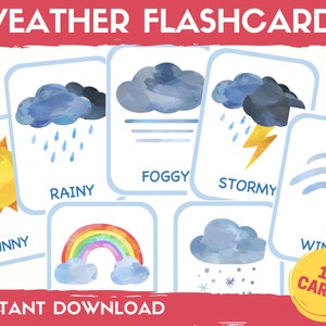 16 cartões meteorológicos, flashcards meteorológicos, DOWNLOAD INSTANTÂNEO, atividade climática para crianças, atividade pré-escolar, atividades escolares em casa, flashcard pré-escolar