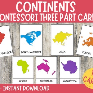 Kontinent Montessori Karten, Kontinente Lernkarten, dreiteilige Karten, Nomenklaturkarten, Lernmaterial, druckbare Lernkarten