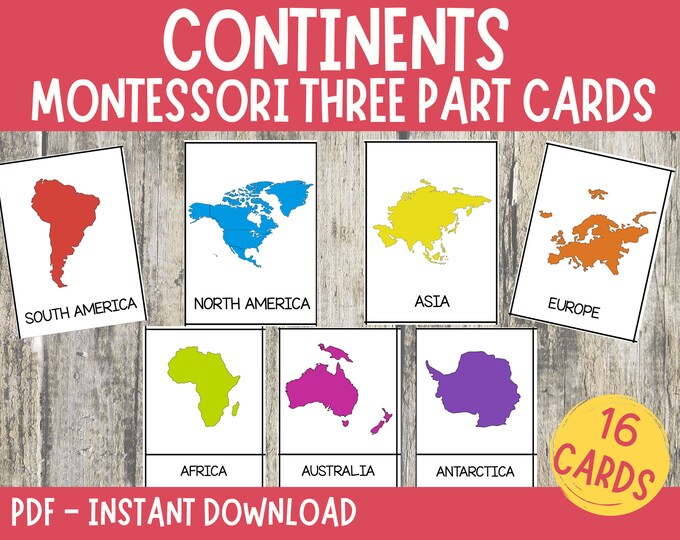 CONTINENTS of the WORLD • 8+8+8 Montessori Cards • LARGE Size World Map ...