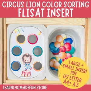 Puede incluir: Un inserto de juego de clasificación de colores con el texto "CIRCUS LION COLOR SORTING FLISAT INSERT". El inserto presenta una ilustración de león y círculos de colores. Incluye un recipiente con discos de colores. El texto "LEARNINGMADEFUN.STORE" también es visible.