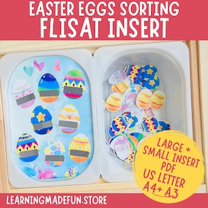 May include: A children's Easter sorting game with colourful egg cutouts and a matching insert. The insert shows illustrated eggs with blank spaces for matching. The image includes the text "EASTER EGGS SORTING FLISAT INSERT" and "LEARNINGMADEFUN.STORE".