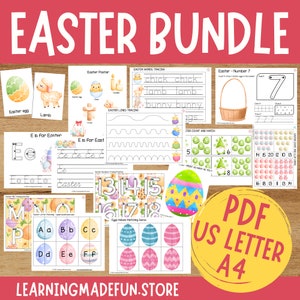May include: A printable Easter activity bundle with colorful illustrations of chicks, bunnies, eggs, and baskets. The bundle includes worksheets for tracing letters, numbers, and words, as well as a matching game and a counting activity. The text "PDF US LETTER A4" is displayed in the bottom right corner.