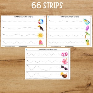 May include: A set of 66 printable summer-themed cutting strips for kids. Each strip features a different summer icon, such as a beach ball, sunglasses, and a watermelon. The strips are designed to help children practice their cutting skills.