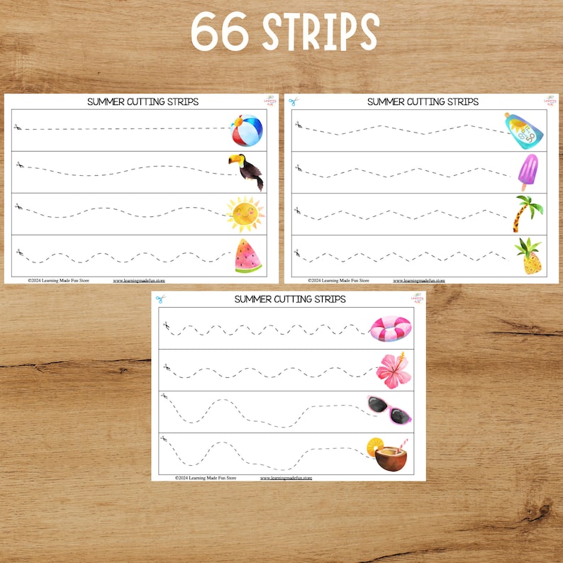 May include: A set of 66 printable summer-themed cutting strips for kids. Each strip features a different summer icon, such as a beach ball, sunglasses, and a watermelon. The strips are designed to help children practice their cutting skills.