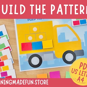 Atividade de padrão pré-escolar, jogo de correspondência para crianças pequenas, atividade de aprendizagem com tema de construção, correspondência de cores, página de livro ocupada para 2 anos