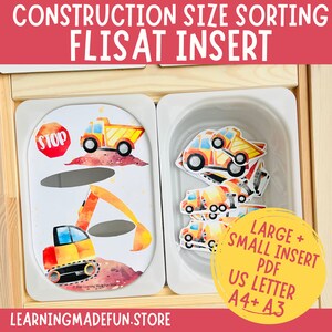May include: Construction vehicle size sorting activity for a FLISAT insert. The activity includes a large excavator and a dump truck with a stop sign. The insert is designed for US Letter, A4 and A3 paper sizes.