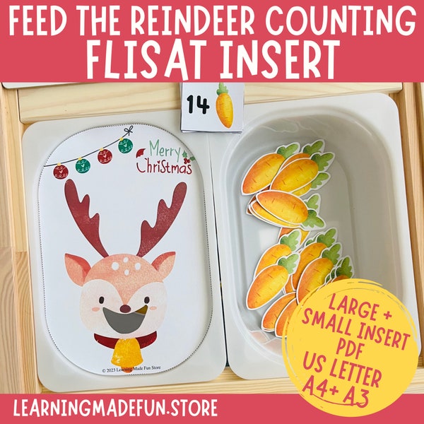 Feed the Reindeer Flisat Insert, Christmas Counting Activity, Printable Preschool Learning, Fine Motor Skills, Trofast Insert, Sensory Table