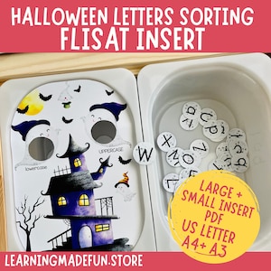 Puede incluir: Actividad de clasificación de letras imprimible con temática de Halloween para un inserto FLISAT. La imprimible presenta una casa encantada morada con fantasmas y murciélagos. La imprimible está diseñada para papel tamaño carta de EE. UU. e incluye letras mayúsculas y minúsculas.