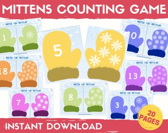 Juego de contar mitones: Números del 1 al 20, actividad para niños pequeños (descarga digital)