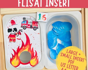 Könnte beinhalten: Ein druckbarer Satz von Feuerwehr-Zählkarten für Kinder. Die Karten zeigen ein Feuerwehrauto, einen Dalmatiner und ein Feuer. Das Set enthält eine Zahlenkarte mit der Zahl 16 und ein Tablett mit blauen Wassertropfen. Der Text auf der Karte lautet "Firefighters Counting to 20, FLISAT Insert, Large + Small Insert PDF, US Letter A4+ A3, LearningMadeFun.Store".