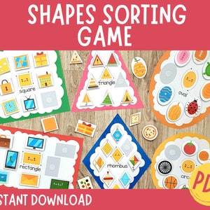 2D Shapes Sorting Game, Sort by Shape Activity, Shape Matching, Learning Activities for Toddlers, Shapes Busy Bags, Busy Book Preschool Math