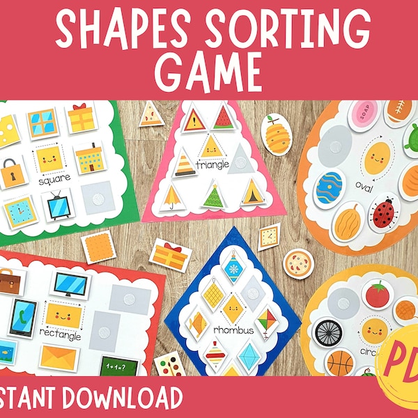 2D Shapes Sorting Game, Sort by Shape Activity, Shape Matching, Learning Activities for Toddlers, Shapes Busy Bags, Busy Book Preschool Math