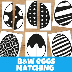 May include: Black and white Easter egg matching game pieces with various patterns, including polka dots, stripes, and geometric designs. The text "B&W EGGS MATCHING" is displayed in a blue box at the bottom.