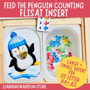 Op de afbeelding: Een pinguïn telactiviteit voor een FLISAT-inzet. De pinguïn draagt ​​een blauwe en witte hoed en heeft een gat in zijn buik. Er zitten kleurrijke vissen in een witte kom. De tekst op de kaart zegt "Feed the Penguin Counting FLISAT Insert". De tekst op het gele label zegt "Large + Small Insert PDF US Letter A4+ A3".