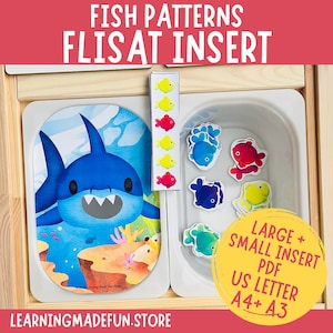 May include: A blue shark with white teeth and a white belly is on a white oval insert. The insert is surrounded by a wooden frame. There are colorful fish shapes on a white tray. The tray is also surrounded by a wooden frame. The text "FISH PATTERNS FLISAT INSERT" is at the top of the image. The text "LARGE + SMALL INSERT PDF US LETTER A4+ A3" is at the bottom of the image.