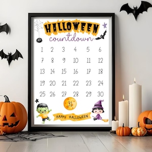 May include: A framed Halloween countdown calendar with a black border. The calendar features the text "Halloween Countdown" and numbers 1-31. Illustrations of a spiderweb, bat, zombie, witch, and pumpkins are included. The words "Happy Halloween" are written on a banner.