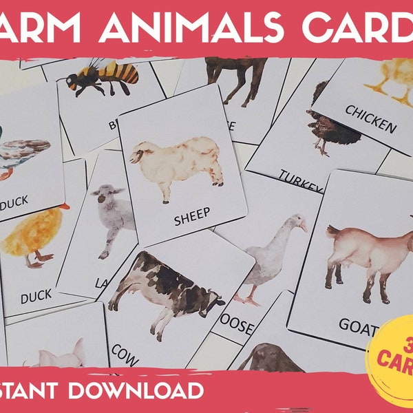 Farm Animals Montessori Cards, Farm Flash Cards, Three Part Cards, Nomenclature Cards, Educational Material, Printable Flashcards